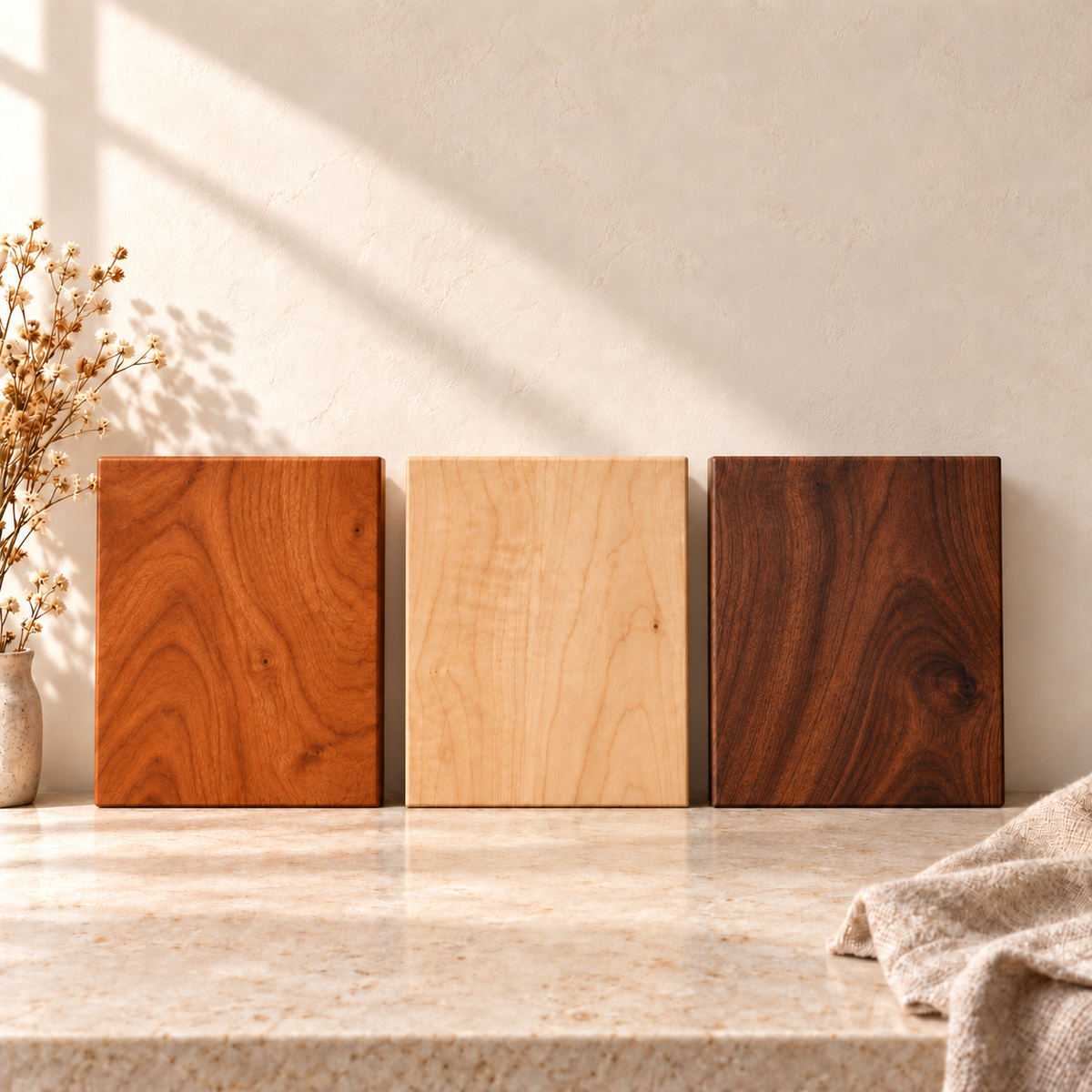 Cherry, maple, and walnut cutting boards standing side by side on a sunlit kitchen counter