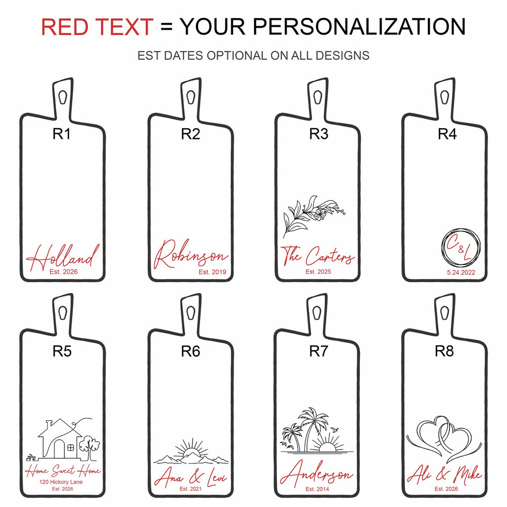Charcuterie engraving designs R1–R8: two name scripts, floral name, circular initials, Home Sweet Home, mountain scene, palm trees, and linked hearts; dates optional
