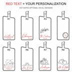 Charcuterie engraving designs R1–R8: two name scripts, floral name, circular initials, Home Sweet Home, mountain scene, palm trees, and linked hearts; dates optional