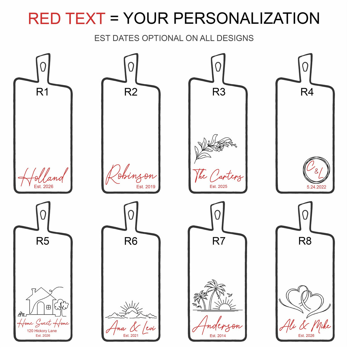 Engraving guide: R1 and R2 name scripts; R3 floral name; R4 circular initials; R5 house and address; R6 mountains and sunrise; R7 palms; R8 linked hearts. Dates optional.
