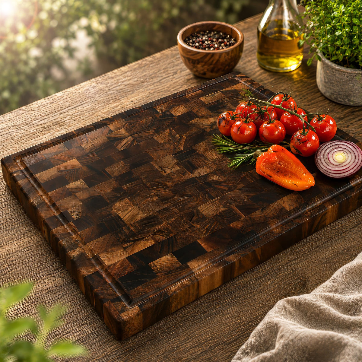 Walnut end-grain cutting board with a patterned surface of joined wood blocks