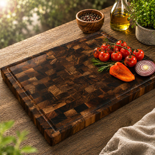 Walnut end-grain cutting board with a patterned surface of joined wood blocks