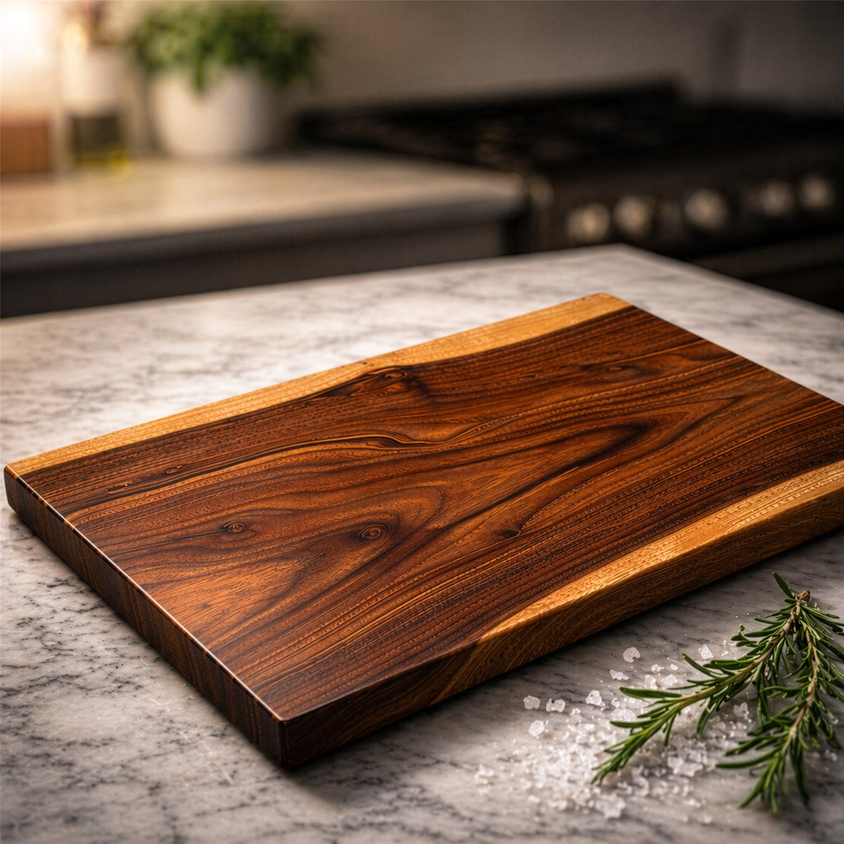 Walnut one-piece cutting board shown in a kitchen setting